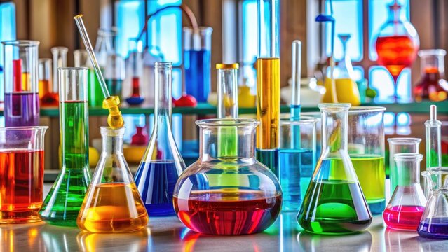 Colorful glass beakers and tubes filled with various chemicals and liquids on a cluttered laboratory bench, surrounded by equipment and scientific instruments.