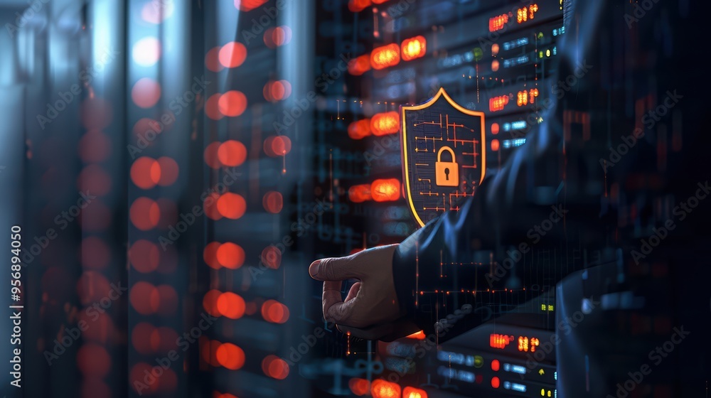 Poster a professional hand interacting with digital security elements in a data center, emphasizing cyberse