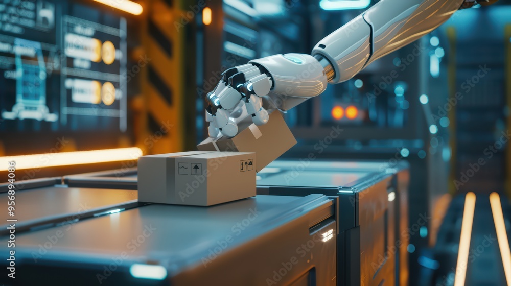 Aufkleber a robotic arm efficiently handling packages in a futuristic warehouse environment, showcasing advanc