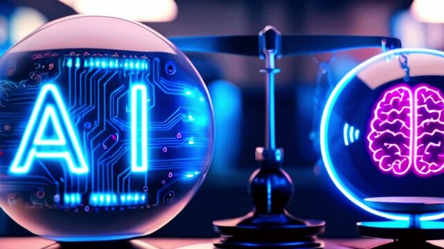 AI versus human brain on a scale, glowing neon concept. - Powered by Adobe