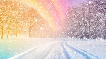 Obraz premium A snowy white landscape set against a rainbow-colored winter background.