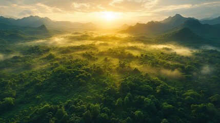 Golden Sunrise Over Verdant Peaks, AI generated illustration