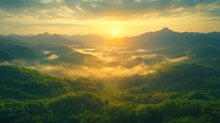 Fototapeta premium Golden Sunrise Over Verdant Peaks, AI generated illustration