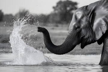 Elephant sprays water, emphasizing textured skin and natural habitats dynamic moment