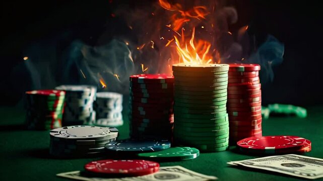 A close-up of a stack of poker chips with flames on top and a few dollar bills.