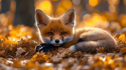 Cute Red Fox Kit Lying on Autumn Leaves -  Realistic Image