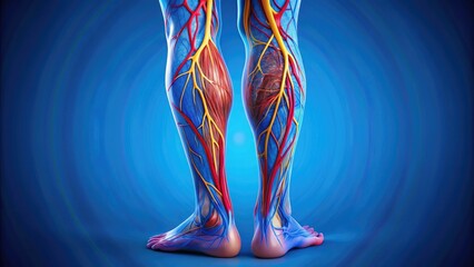 Colorful illustration of a diseased leg vein with bulging, twisted, and inflamed vessels, showcasing symptoms of chronic venous insufficiency and peripheral vascular disease.