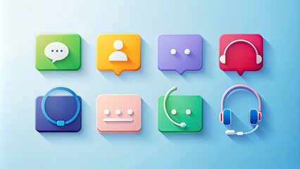 Colorful icons representing customer service desk elements, including headset, phone, chat bubble, and computer, arranged on a modern minimalist background.