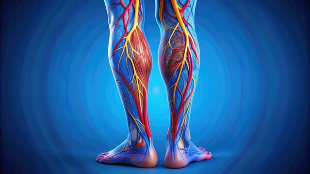 Colorful illustration of a diseased leg vein with bulging, twisted, and inflamed vessels, showcasing symptoms of chronic venous insufficiency and peripheral vascular disease.