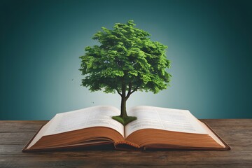 Open book with a tree growing from pages, creating a surreal, mystical scene