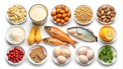 Colorful illustration of various food allergen icons, including peanuts, gluten, dairy, soy, fish, and eggs, arranged on a white background for educational or warning use.