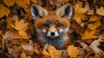 Red Fox Kit Peeking Out From Fall Leaves Illustration