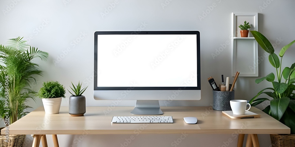 Poster modern minimalist workspace with blank computer screen. perfect for showcasing your designs or prese
