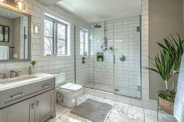 Minimalist Bathroom A clean, simple bathroom with white tiles, a floating vanity, and a walk-in shower. Include modern fixtures and natural light