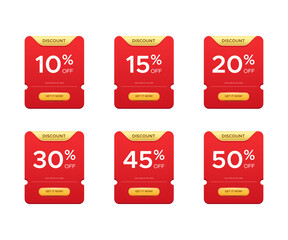 Discount voucher promotion with 10, 15, 20, 30, 45, 50 percent off banner. Vector design for product promotion, ecommerce, shopping promotion, online sale, special offer, marketing program, promotion