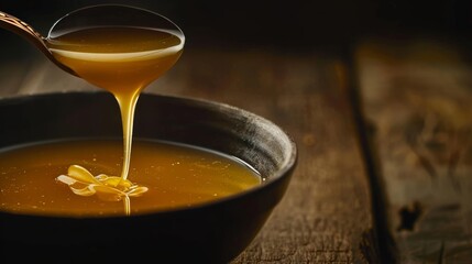 A close-up of golden honey being poured into a bowl, showcasing its rich, viscous texture and amber...