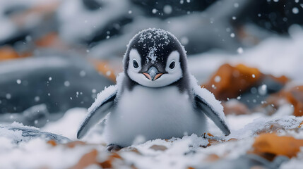 Cute Penguin Chick in Snowy Landscape Photo