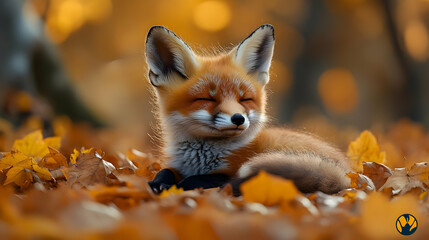 Cute Red Fox Kit Resting in Autumn Leaves Illustration