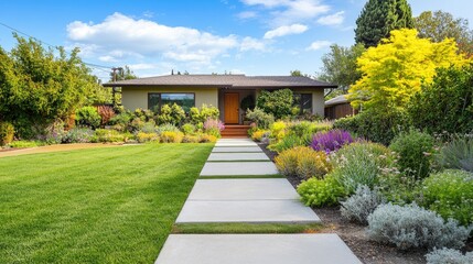 Naklejka premium Front view of a house with a vibrant garden and a clean concrete walkway, showcasing a beautifully landscaped front yard. Ideal for outdoor living concepts.