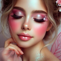 Fototapeta premium Fairy Tale Princess Soft pastel makeup with a focus on rosy chee