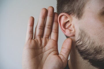 Mans hand near ear, indicating attentive listening, emphasizing communication