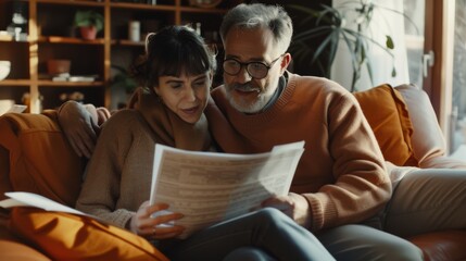 A couple enjoys a cozy moment on the sofa, reading a document together in their warmly lit living room, reflecting love, partnership, and shared interests.