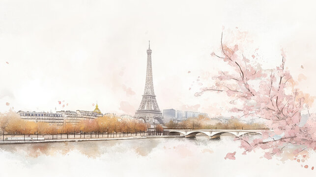 A beautiful watercolor illustration of the Eiffel Tower, framed by cherry blossoms and serene river views in Paris.
