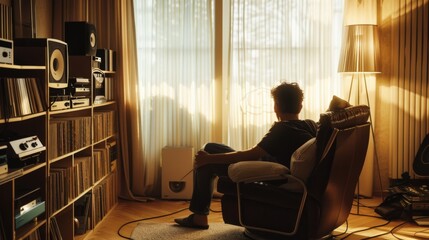 A person sits comfortably in a modern, sunlight-filled living room, surrounded by vinyl records and high-end audio equipment, indulging in a musical escape.