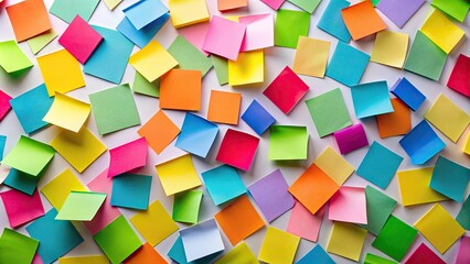 Obraz premium Colorful small adhesive notes in various shapes and sizes scattered on a white surface, creating a vibrant and playful composition of organized chaos.