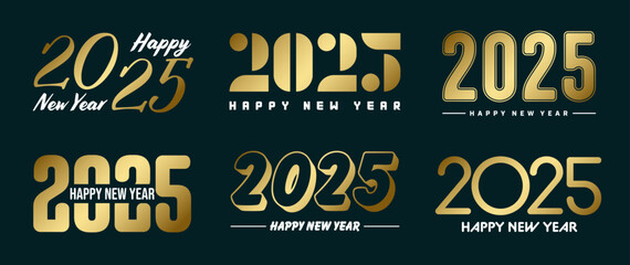 Set of 2025 Happy New Year greeting text designs. Christmas banner, poster, festive greeting card or seasonal promotion template. Collection of 2025 numbers with greetings. Vector illustration