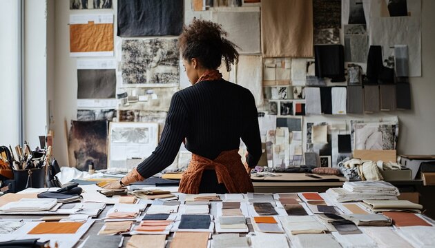 A dedicated fashion designer meticulously arranging fabric samples, bringing innovative concepts to life in a vibrant workspace. - Powered by Adobe