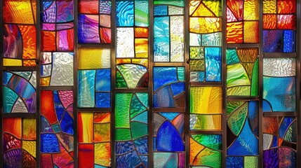 A vibrant and colorful pattern of stained glass windows, each panel a miniature abstract painting, creating a visually engaging mosaic.