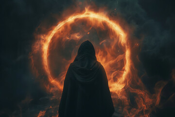 Mysterious Figure in Hooded Cloak Standing by Glowing Portal with Intimidating Stare, Mystical Contrast