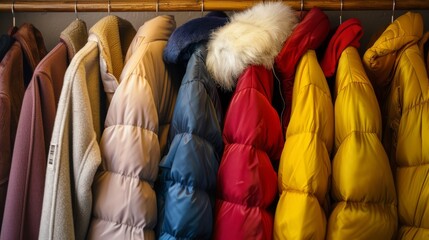 A collection of warm, puffy winter coats in an array of rich colors, neatly hung on a clothing rack, ready to fend off the chill in style.