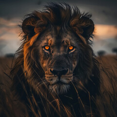 Naklejka premium Majestic Lion with Intense Eyes in Blurred Savanna Landscape for Dramatic Contrast