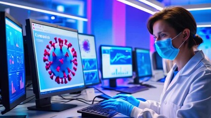 A scientist in a lab coat and face mask working on a computer with a coronavirus model on the screen. - Powered by Adobe