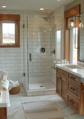 Minimalist Bathroom A clean, simple bathroom with white tiles, a floating vanity, and a walk-in shower. Include modern fixtures and natural light