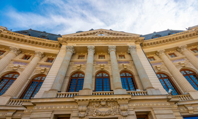 Obraz premium The imposing facade of the old Central University Library (Biblioteca Centrala Universitara), Piaţa Romană (Roman Square), old town of Bucharest, Romania
