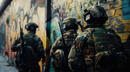 Obraz premium Weathered soldiers in full gear navigate through graffiti-laden alleyways, juxtaposing the gritty realities of urban life with military duty.