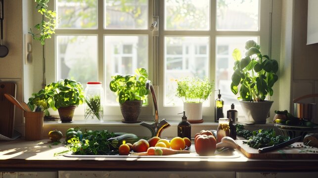 Sunlit kitchen window with lush green potted plants, fresh vegetables, and cooking ingredients on the counter, capturing a homely, nurturing vibe.