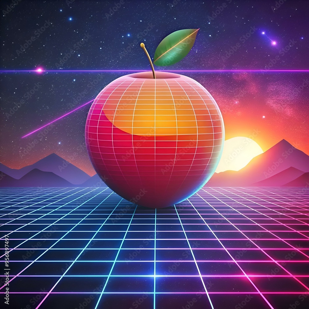 Poster a vibrant 3d rendering of a red apple set against a retro futuristic backdrop.