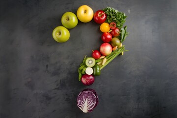 Fruits and vegetables forming a question mark, symbolizing healthy choices visually