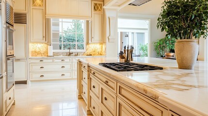 Kitchen Island with Marble Countertop, Stovetop, and Plant in Pot