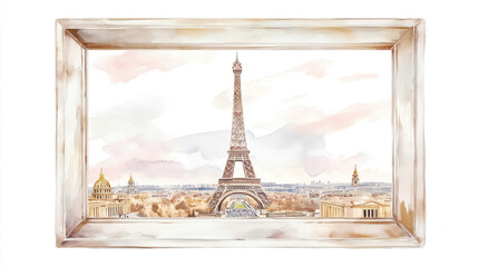 A beautiful watercolor illustration of the Eiffel Tower framed elegantly against a soft pastel sky.