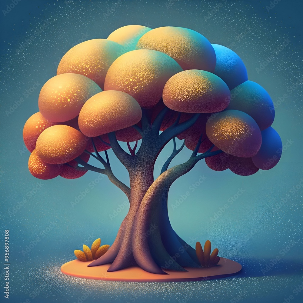 Poster a whimsical 3d illustration of a stylized tree with a unique. rounded canopy and a textured trunk. p