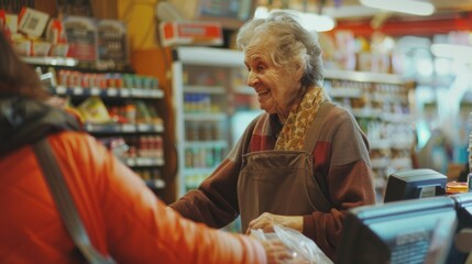 An elderly woman, delighted and cheerful, interacts warmly with a customer at a bustling grocery store counter, evoking a sense of community.
