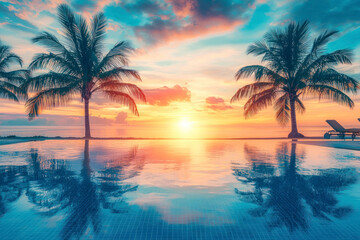 Fantastic poolside, sunset sky, palm trees reflection. Luxury tropical beach landscape.