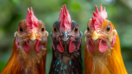 Close-up portrait of three chickens