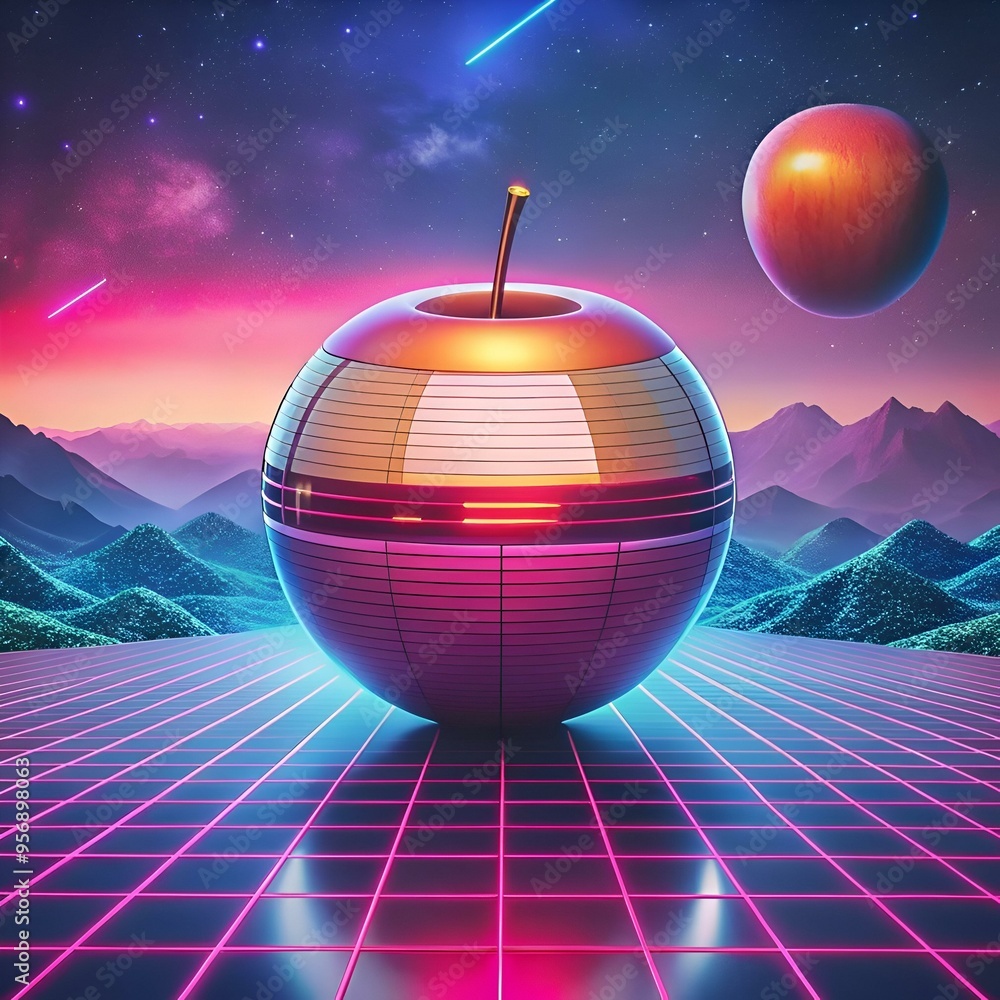 Poster A futuristic 3D rendering of a crabapple. rendered in a vibrant 80s synthwave style. resting on a neon grid against a backdrop of distant mountains and a starry sky.