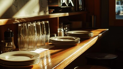Fototapeta premium Golden hour light casts a warm glow on a row of plates and glasses in a cozy café, inviting a sense of comfort and relaxation.